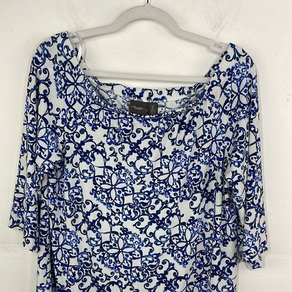 Chico’s TRAVELERS CLASSIC Off-The-Shoulder Top paisley Blue & White size L - Picture 4 of 16